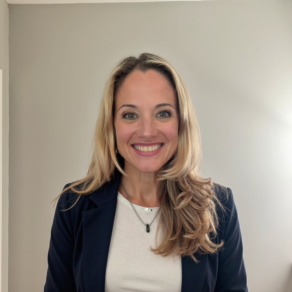 A woman with long blonde hair, wearing a navy blazer and white top, stands in front of a plain light gray wall, smiling at the camera—perhaps ready to greet visitors at the Port Jervis Free Library.