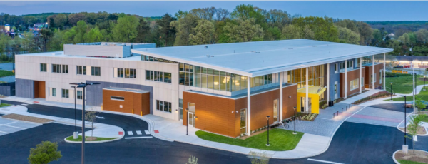 A modern two-story building with large windows, surrounded by trees and parking lots, photographed at dusk—a signature project highlighted by Bradbury Miller Associates (BMA).