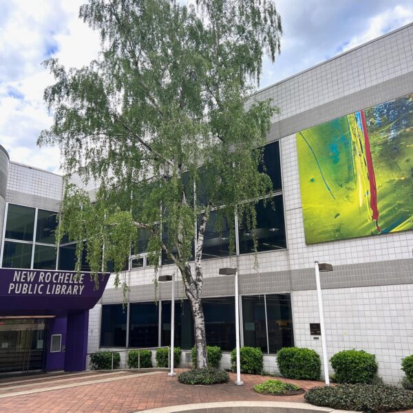 The entrance of New Rochelle Public Library, supported by BMA Bradbury Miller Associates, features a large tree in front and a colorful abstract mural on the building’s white tiled exterior.